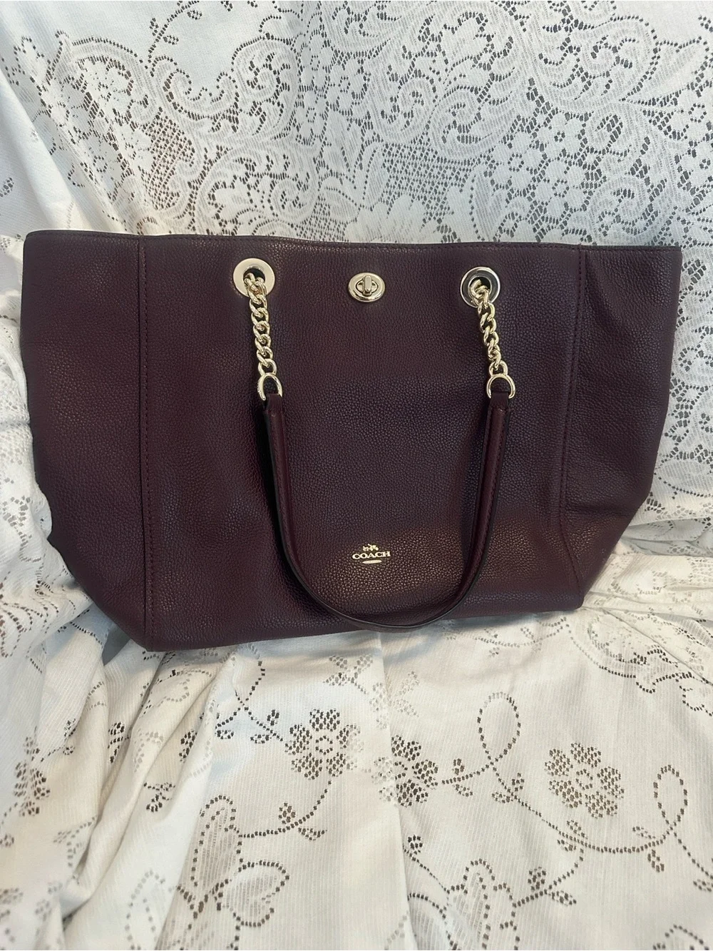 Coach 57107 Oxblood Pebbled Leather Turnlock Chain Tote